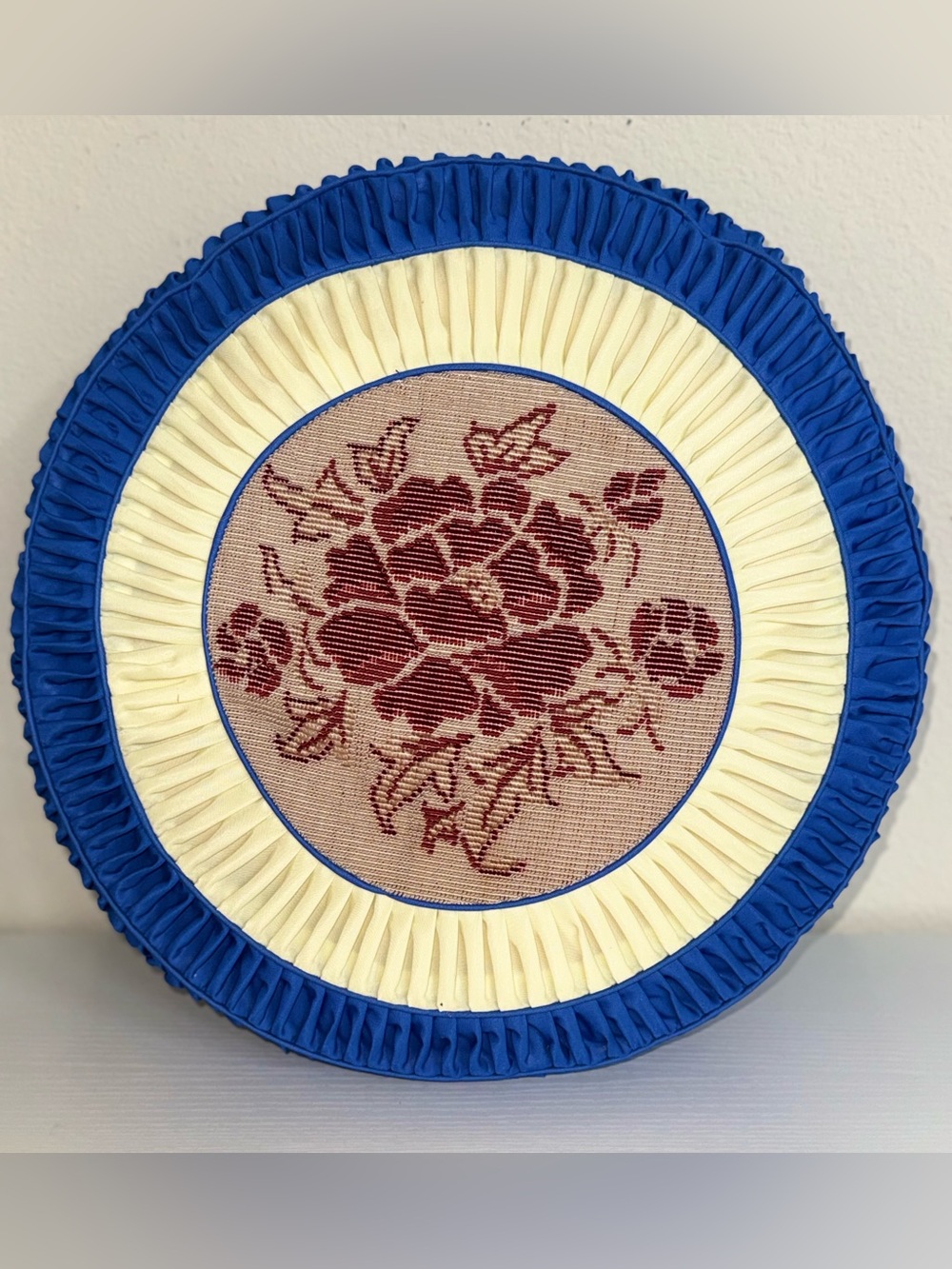 Vintage Round Needlepoint Floral Pillow - Royal Blue Satin Ruffled Trim 14”